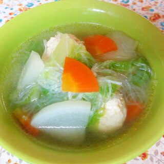 鶏団子と白菜の和風春雨スープ